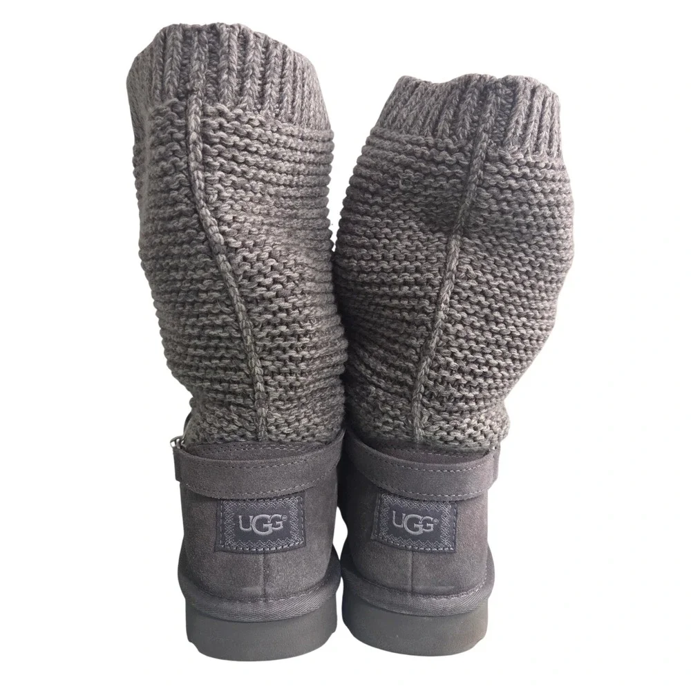 UGG Purl Strap Grey Suede Sweater Knit Mid Calf Cozy Boots 1098080 Womens 11